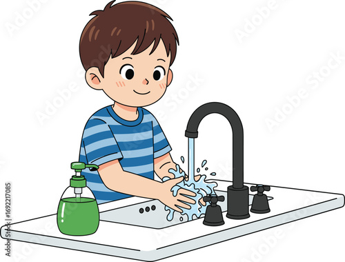 Child washing hands at sink, hygiene education for kids, healthy habits, cleanliness awareness, water and soap use, cad drawing flat vector illustration
