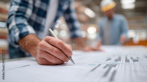 Engineer working on gantt chart, project management and planning in industrial setting