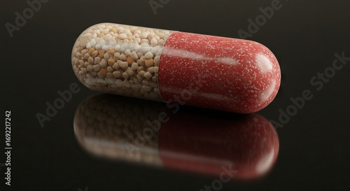 An elongated capsule with one end filled with small round beige contents and the other end is red with small white specs and rests on a dark surface