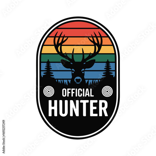 Official hunter deer logo with forest and sunset background, hunting emblem