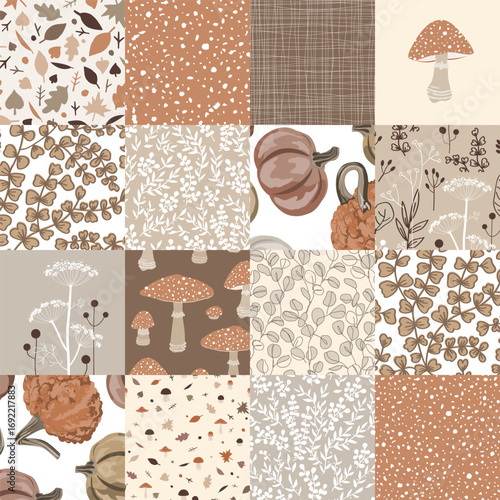 Autumn beige seamless patchwork quilt. Kawaii seamless pattern for fall season. Cute childish vector background, delicate pastel palette.