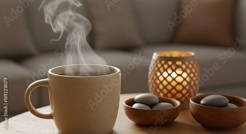 Steaming drink decorative candle  small bowls of stones sit on a wooden surface in a softly lit relaxed setting with a sofa in the background