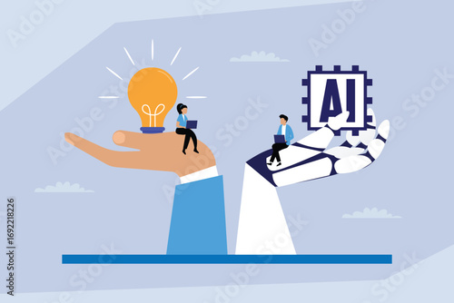 Balancing Human Creativity and AI Technology 2d flat vector illustration