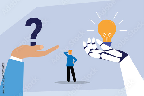  A confused human stands between two giant hands, one a human hand with a question mark and the other a robot hand holding a glowing light bulb with an idea 2d flat vector illustration