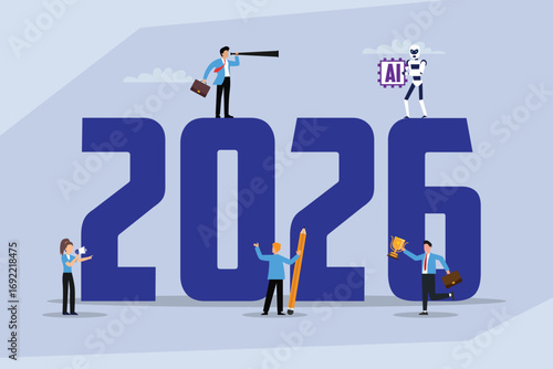 Business team and AI working together to achieve future success, standing on a large 2026 sign with tools and trophies 2d flat vector illustration