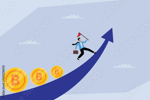 Cryptocurrency and Bitcoin market growth. A businessman is running up a growing arrow with a flag in his hand, leaving a trail of Bitcoin coins behind 2d flat vector illustration