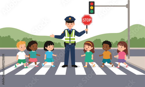 Children crossing street safely with traffic police help, learning road safety at crosswalk, cartoon illustration for kids, cad drawing flat vector illustration
