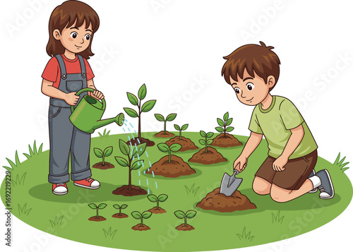 Children gardening in backyard, planting and watering young plants, outdoor nature activity for kids, flat cartoon vector illustration for education and eco themes