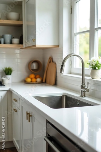 Sparkling clean kitchen surfaces gleam after a thorough cleansing housework session A pristine countertop, shining sink, and spotless appliances are ready for use , fresh, bright