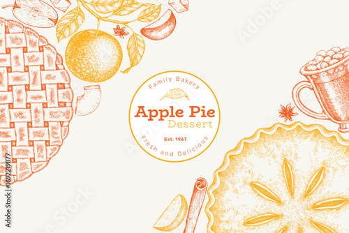 Hand Drawn Vector Apple Pie Illustration. Not AI Generated. Autumn Seasonal Background. Fall Season Cozy Mood Banner. Vintage Harvest Design Template.