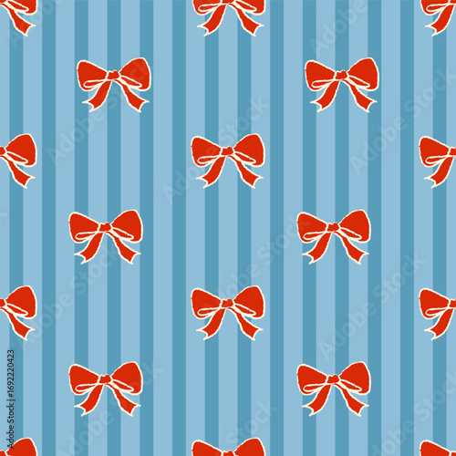 Seamless pattern with hand drawn red ribbon bow knots on vertical stripped muted blue backdrop Doodle print with wax crayons texture. Vector illustration for textile, packaging, fabric, wrapping paper