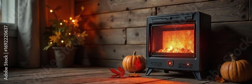 Warm Glowing Electric Heater Against Rustic Wooden Wall Cozy Autumn Home Ambiance