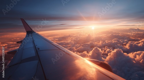 Airplane wing view from passenger seat with glowing sunset horizon, dreamy atmosphere