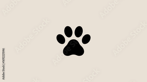 A minimalist black animal paw print icon centered on a solid light beige background.