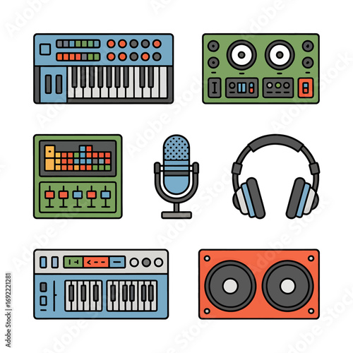 A collection of colorful vector icons representing various pieces of music production and audio equipment.