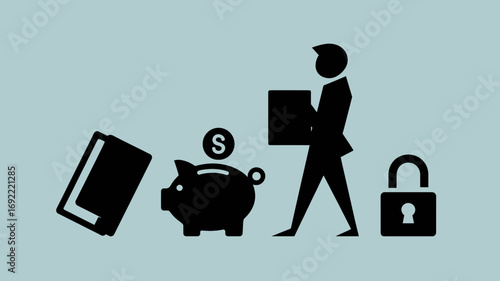 Conceptual icons representing education, financial savings, career progression, and security.