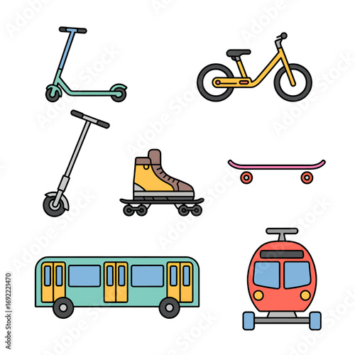 A collection of colorful illustrated icons representing various modes of urban and personal transportation.