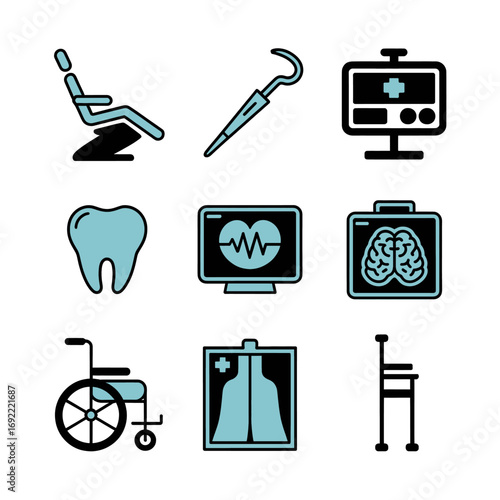 A collection of nine stylized medical and healthcare icons representing dentistry, diagnostics, and patient mobility aids.
