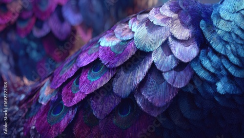 Close-up view of intricate peacock feathers, showcasing a stunning array of deep purples, blues, and iridescent colors.