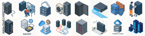 Isometric Conceptual Server Hosting Technology Infrastructure Network Cloud Data Center Icon Set