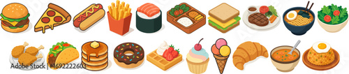 Isometric Pixel Art Delicious Food Illustration Set for Restaurant Menu Design