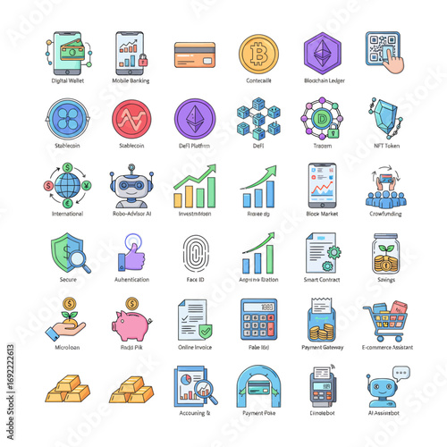 Modern finance icons set for digital banking, cryptocurrency, investment, and secure transactions
