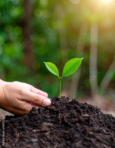 New sprout in soil, nurturing hand