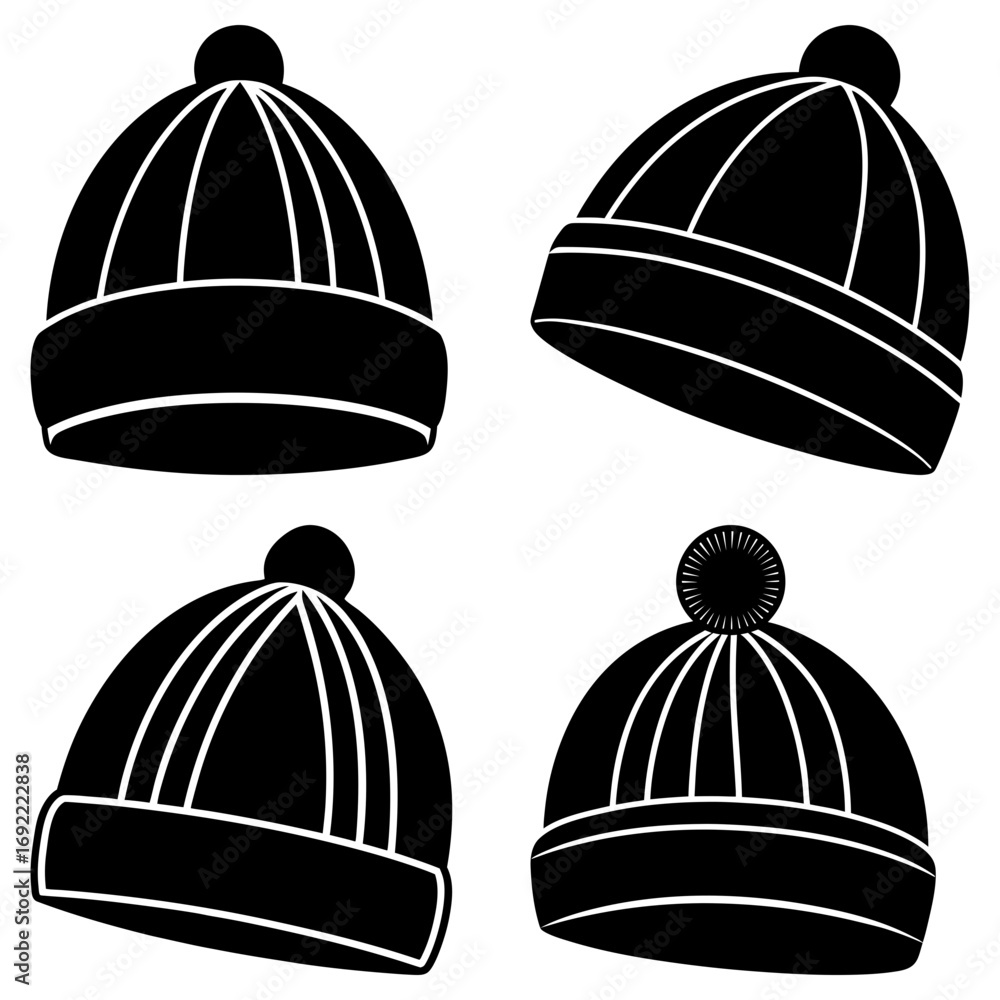 Fototapeta premium Four black winter hats with pom poms in varying orientations on a white background pattern design