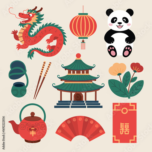 A vibrant collection of illustrated Chinese cultural icons and symbols on a light background.