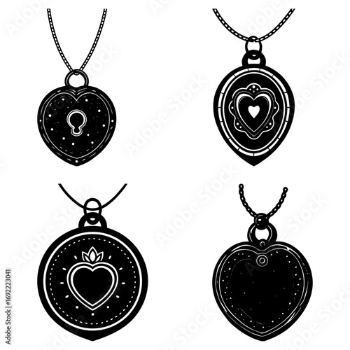Four black and white heart shaped pendants hanging from chains in a square arrangement illustration