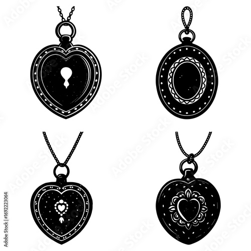 Illustration of four vintage style locket pendants with intricate designs and chains on a white backdrop