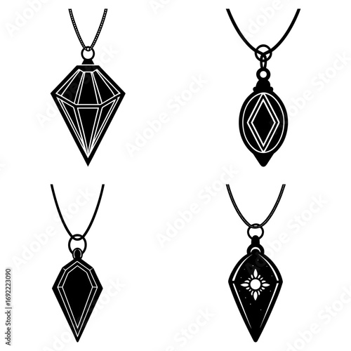 Illustration of four different diamond shaped pendants hanging from chains in a black and white drawing