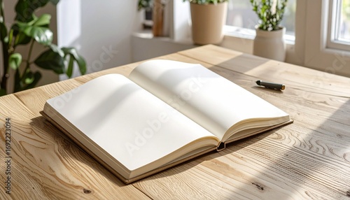 Open Blank Notebook on Wooden Desk with Plants in Natural Light, Ready for Writing