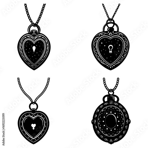 Collection of four heart shaped locket pendants with chains in a vintage style black and white illustration