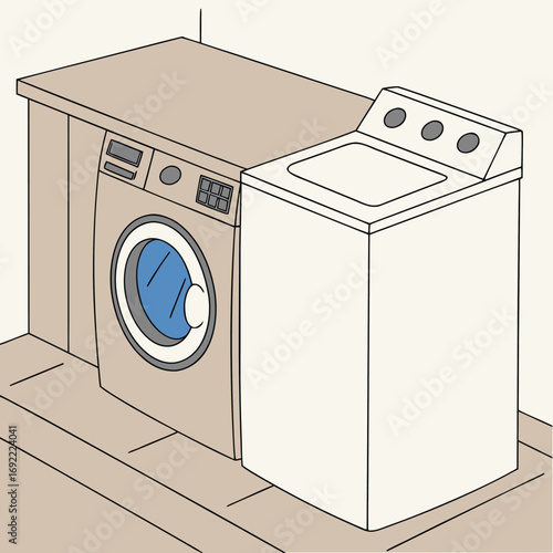 Two laundry machines side by side. On the left is a beige front-loading washing machine with a round, blue-tinted door. To its right is a white, top-loading washing machine.