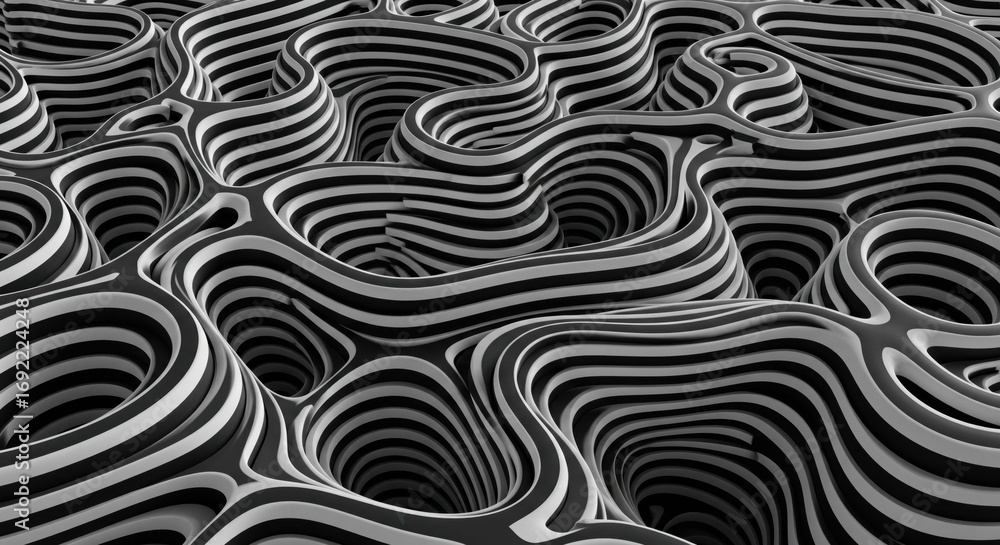 Obraz premium Monochromatic abstract swirls: hypnotic grayscale optical illusion with flowing labyrinthine curves