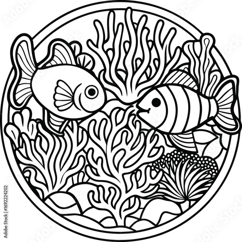 Underwater scene with fish and sea elements drawn in black outline Vector illustration