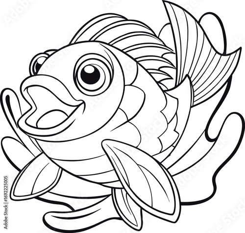 Cartoon fish jumping from water in bold black outline playful style Vector illustration