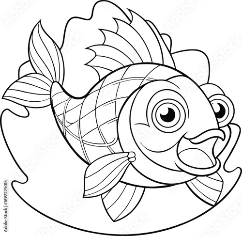 Cartoon fish jumping from water in bold black outlined fun style Vector illustration