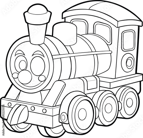 Cartoon style train engine with large open outlined shapes transport Vector illustration