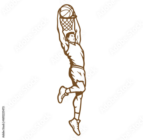 Basketball player performing a slam dunk silhouette illustration on white background