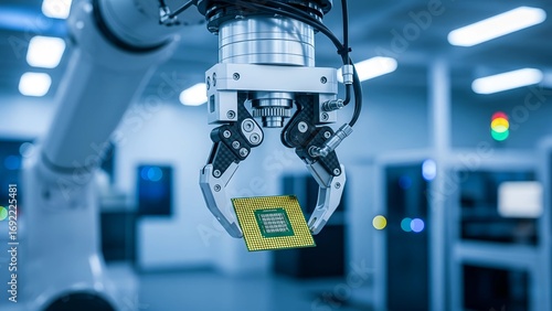 Advanced industrial robot meticulously assembling a microchip with precision in a high-tech factory setting