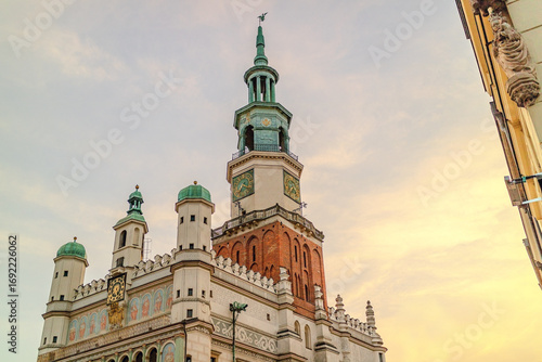 View of the Town Hall building on the main square in the old town of Poznan, Poland. Architecture of the historic city.