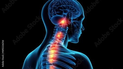 An anatomical illustration of the human spine and brain, highlighting neural pathways.