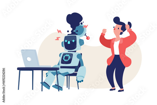 broken robot at office desk with panicked businesswoman behind