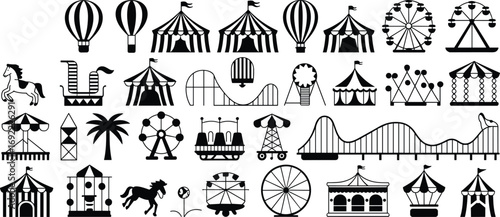 Amusement park elements, carnival tents, roller coasters, ferris wheels, hot air balloons, fair rides vector icons, festival illustration