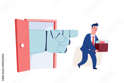 robot hand sends businessman out the office door