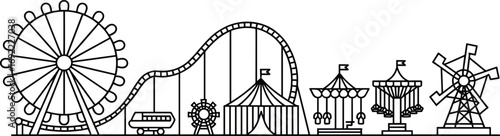 Amusement park outline vector illustration, ferris wheel, roller coaster, carousel, swing ride, circus tent, flat carnival design