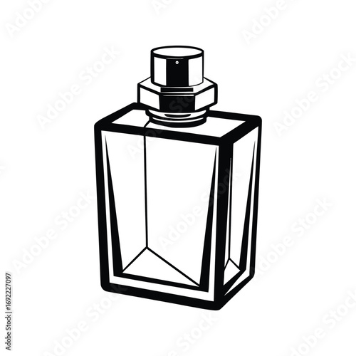 realistic, detailed black and white sketch of a square glass perfume bottle, minimalist geometric bottle design, high contrast line art style
