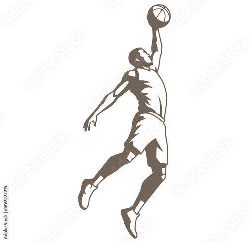 Silhouette of a basketball player in action ready to slam dunk the ball